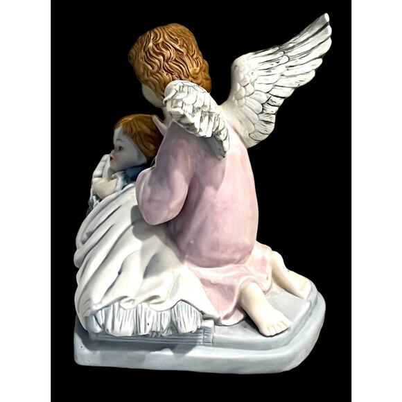VTG Porcelain Angel & Baby In Bed 5" Figurine 1991 Blue Pink White Nursery Decor - Picture 4 of 6